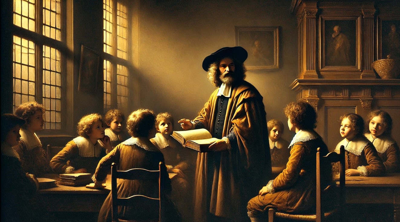 Spinoza devant une classe style Rembrandt